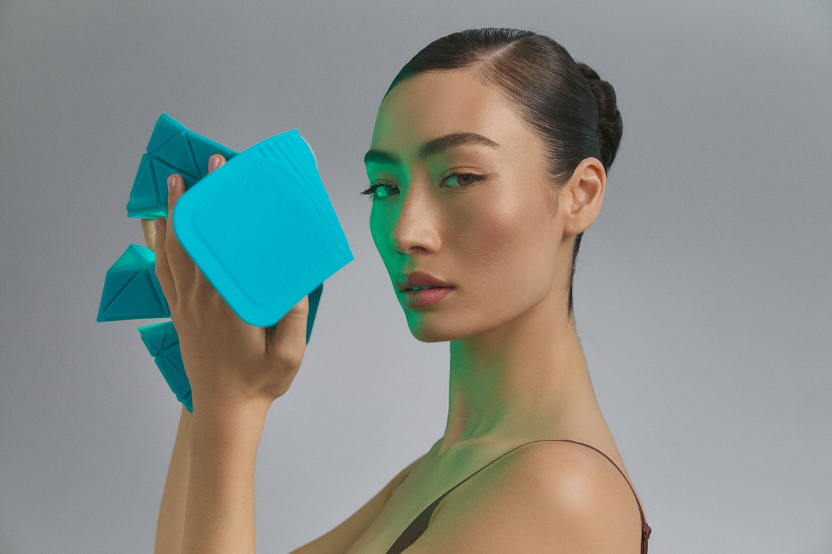 Woman with the Blue Green Mask Lift EMS and LED mask