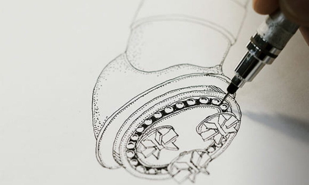 Technical pen drawing of a device head